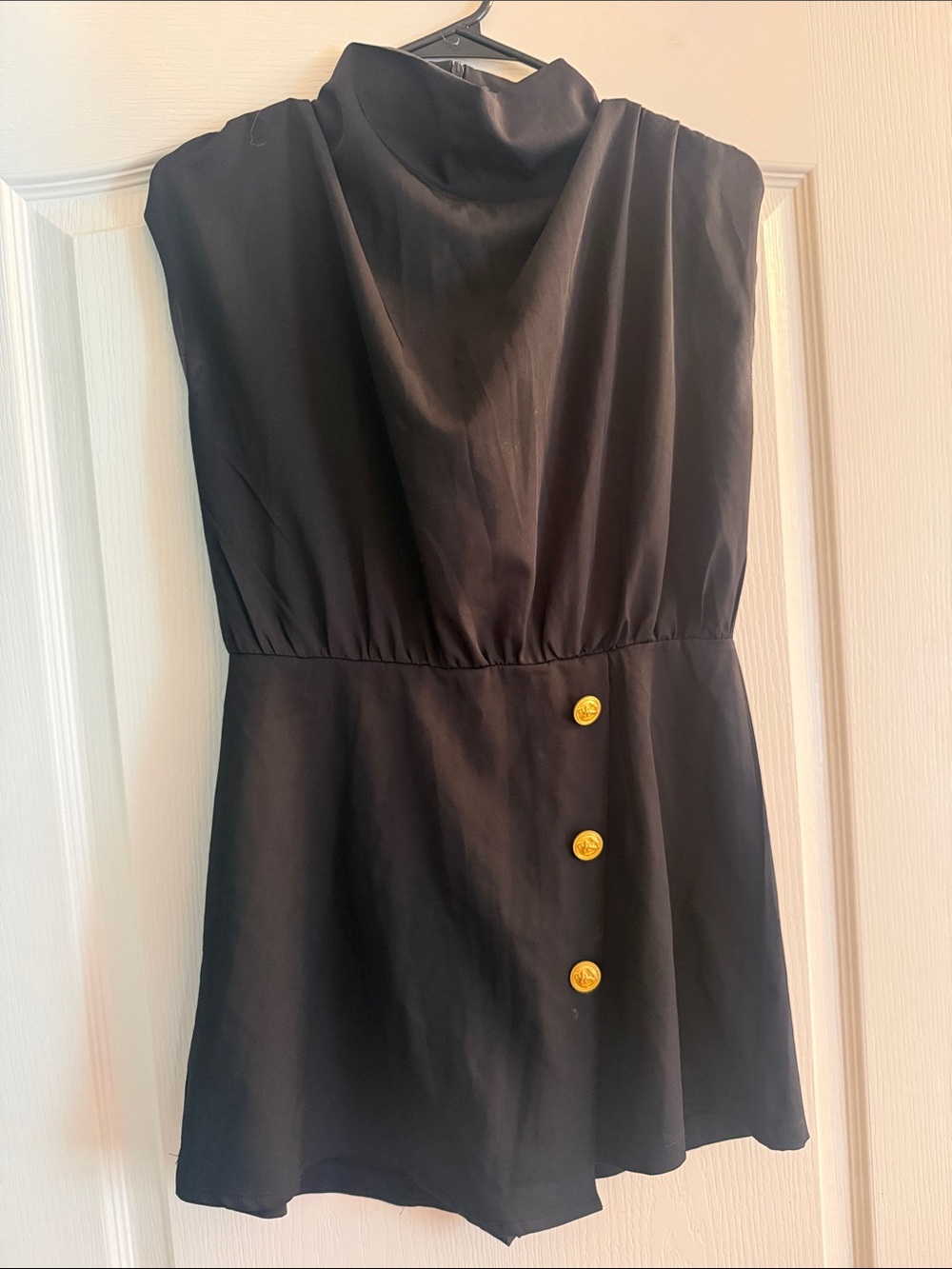 Black Sleeveless Cowl Neck Romper with Gold Buttons